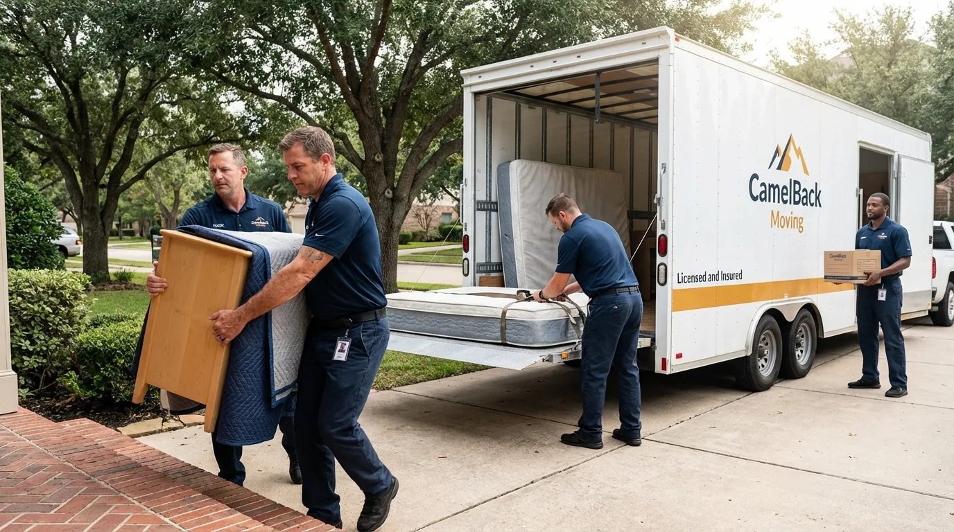 Crew loading residential truck for cross-state move from Newton, MA