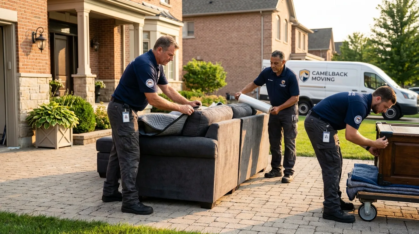 Large estate moving crew wrapping furniture in Newton, MA