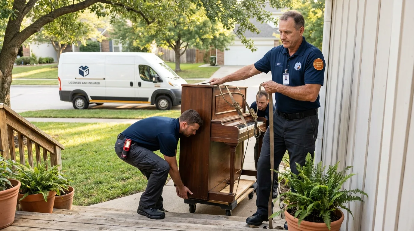 Licensed piano movers securing grand piano in Newton, MA