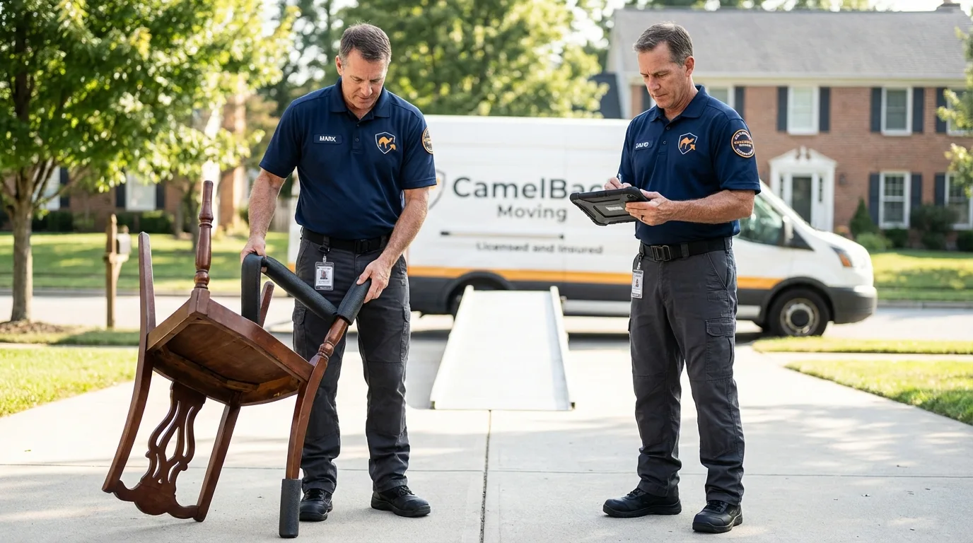 Movers inspecting furniture for damage prevention before loading in Newton, MA