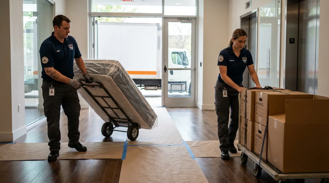 Professional apartment movers loading elevator in Newton, MA